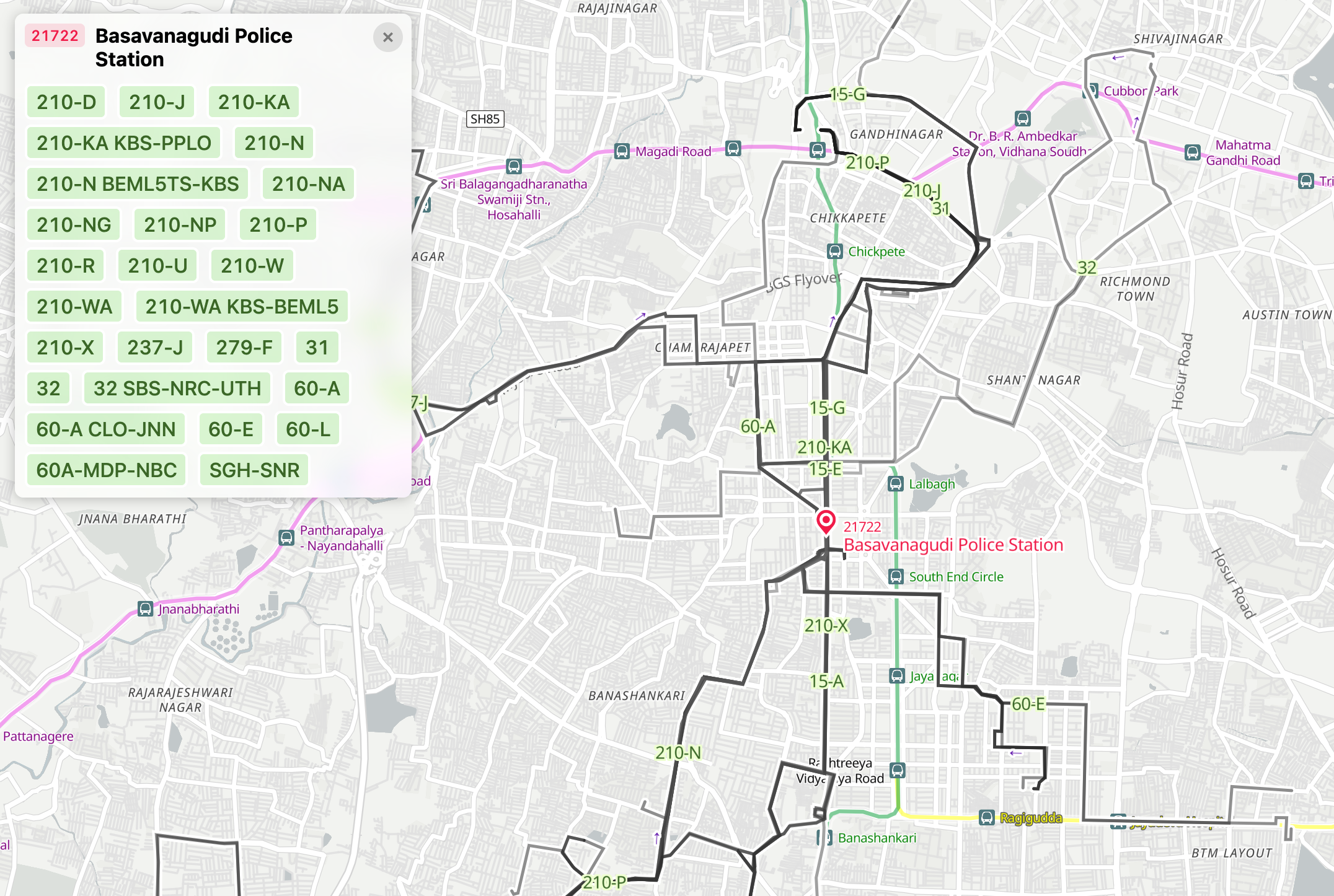 Interface of Transit Router, showing passing routes from Basavangudi Police Station