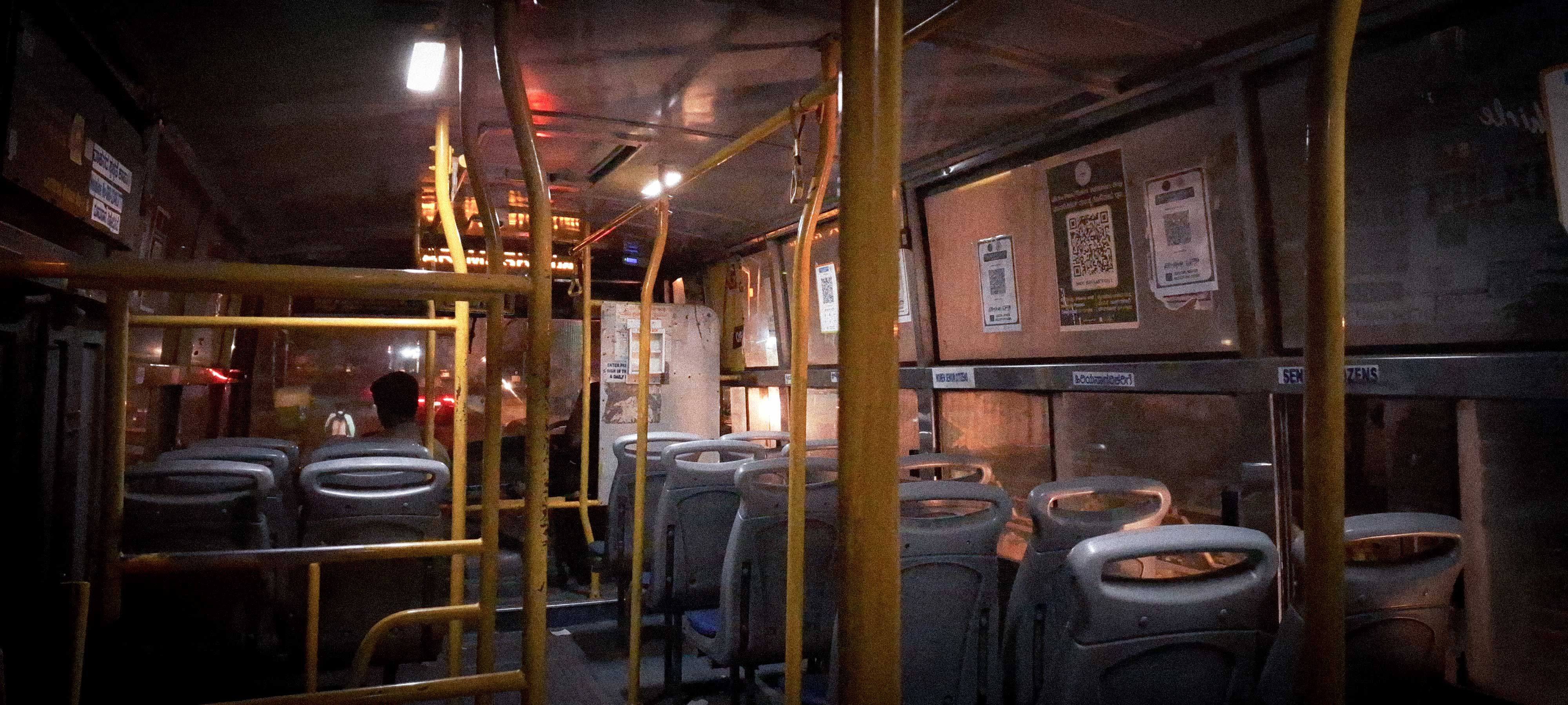 Only two people on the bus at 10:30pm, the conductor and I, with the bus dropping me back home.