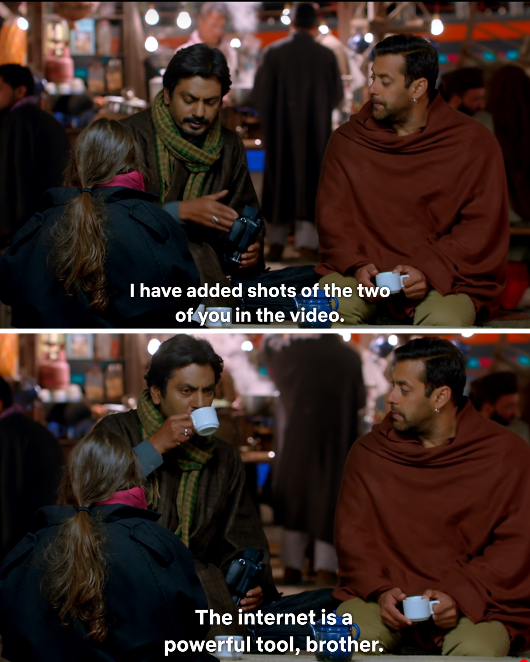 Chand Nawab tells Bajrangi that he has shot and uploaded a video to Youtube with clips of both him and Munni, and tells him not to worry because the internet is a powerful tool.