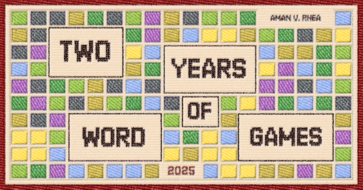 A digital illustration styled to look like an embroidered fabric patch or cross-stitch. The text reads 'TWO YEARS OF WORD GAMES' in the center, with '2025' at the bottom and 'AMAN V. RHEA' in the top right. The background is a checkered pattern of colored squares (green, yellow, gray, purple, and blue), mimicking the color palettes of Wordle and Connections.