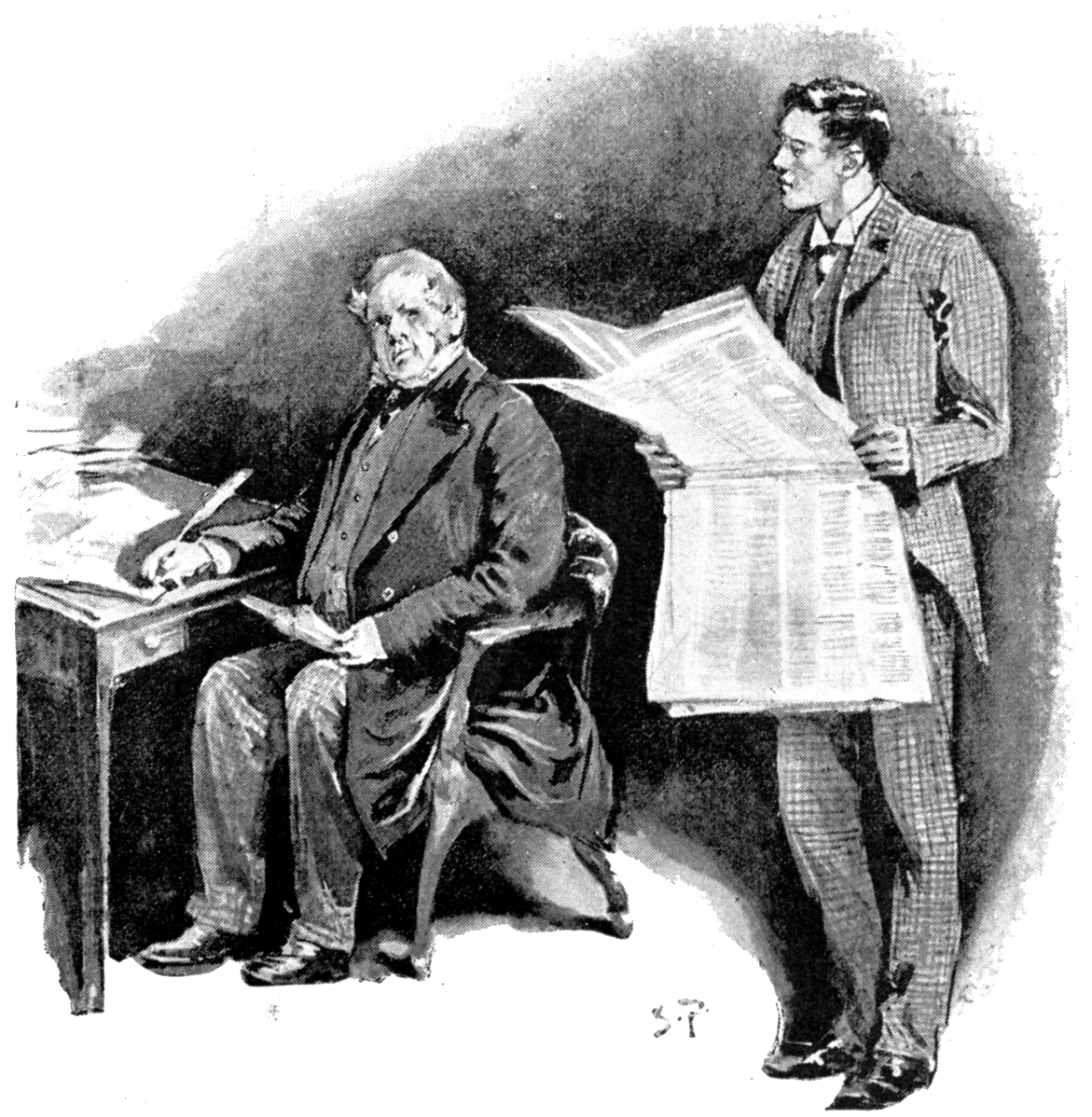 Sidney Paget illustration showing Vincent Spaulding standing and presenting a newspaper to seated Jabez Wilson