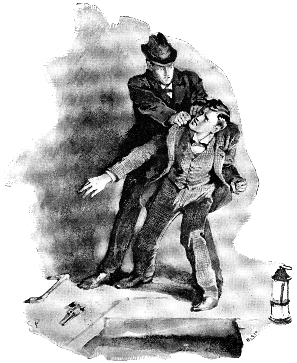 Sidney Paget illustration depicting Sherlock Holmes restraining John Clay by a tunnel entrance with a lantern on the ground