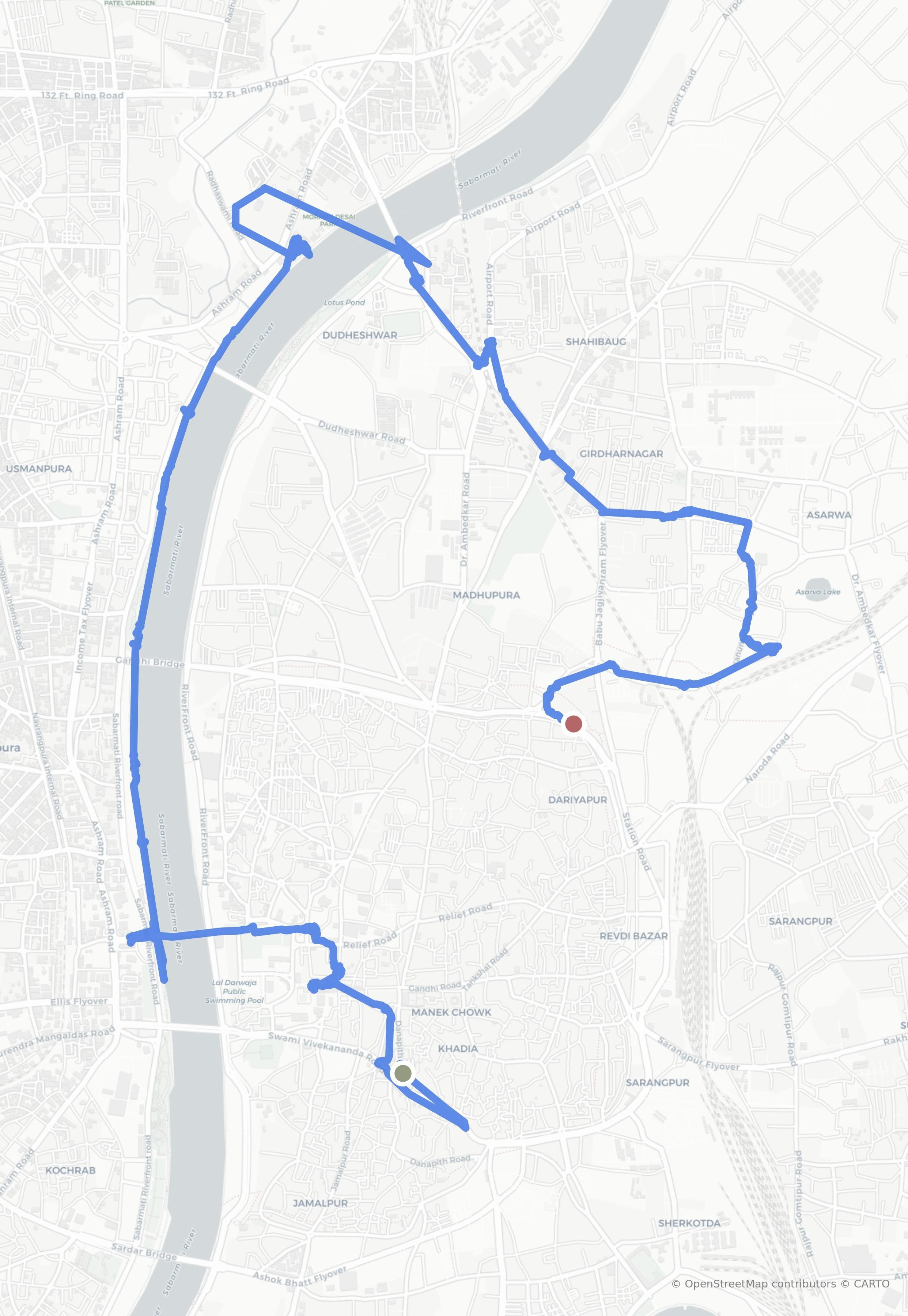 GPS track map for 21km in Ahmedabad on August 09, 2025